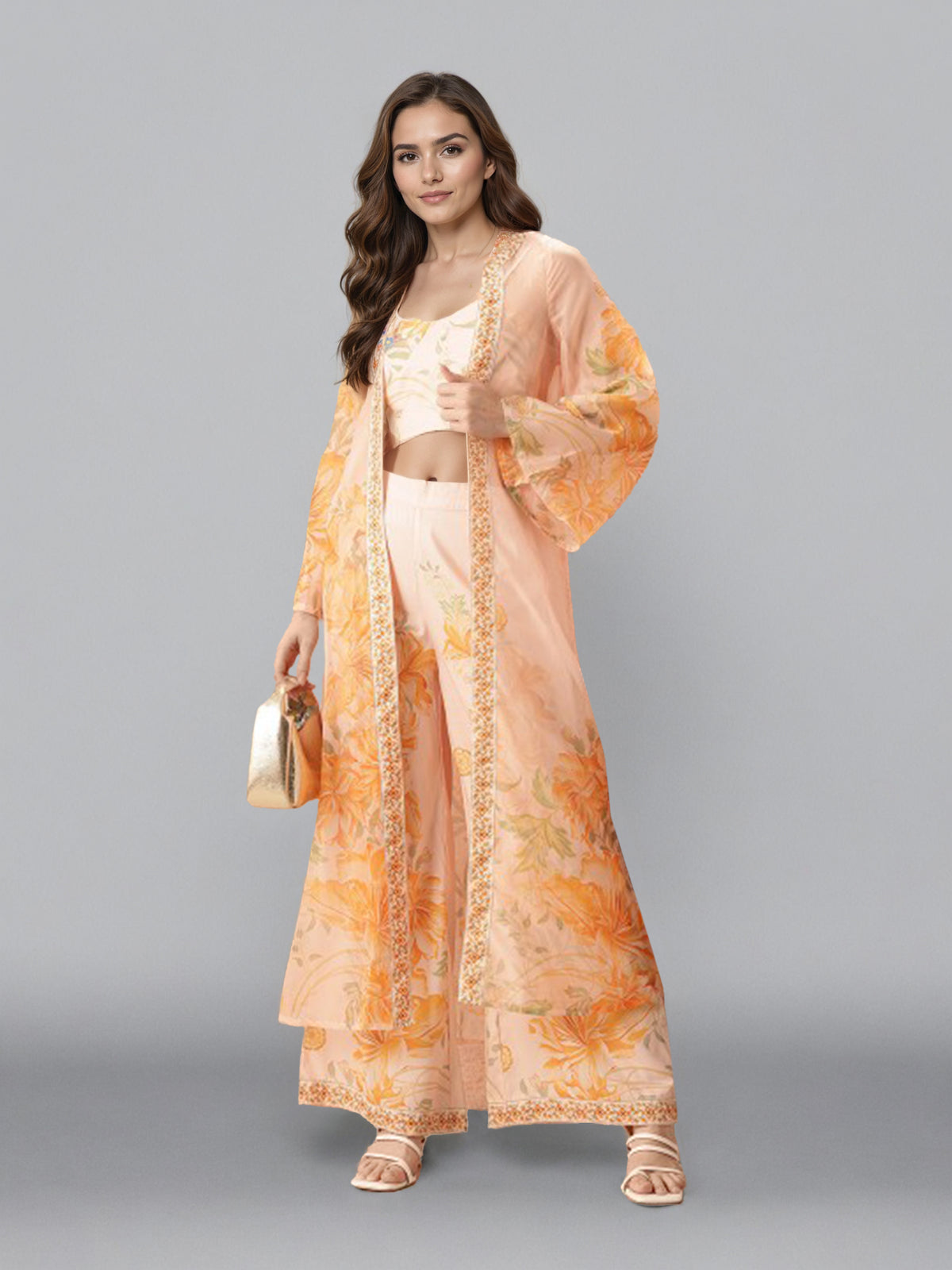 Printed Shoulder Strap Neck Top With Palazzo & Shrug