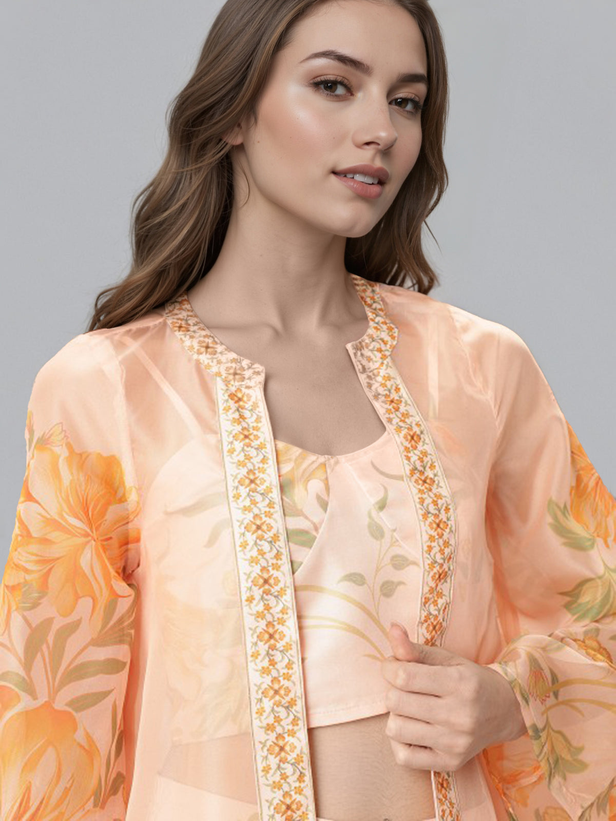 Printed Shoulder Strap Neck Top With Palazzo & Shrug