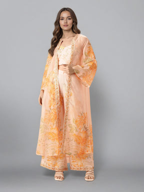 Printed Shoulder Strap Neck Top With Palazzo & Shrug