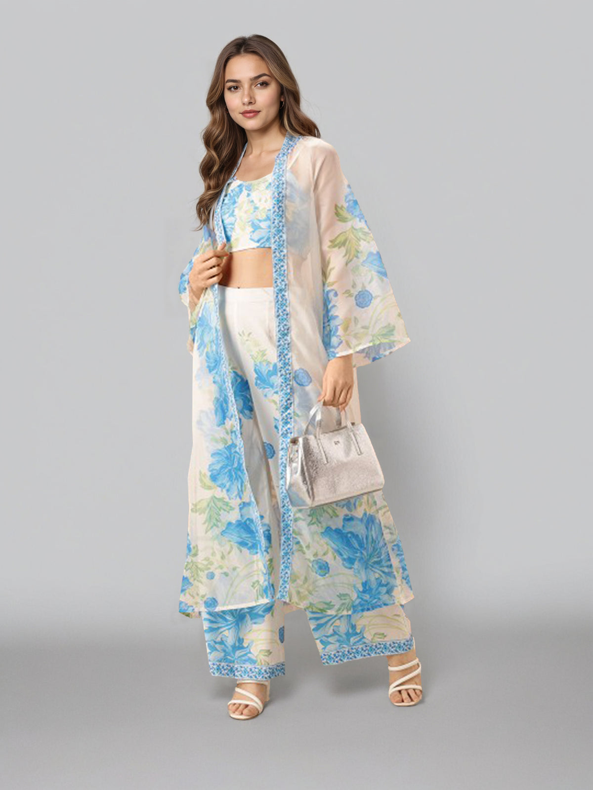 Printed Shoulder Strap Neck Top With Palazzo & Shrug