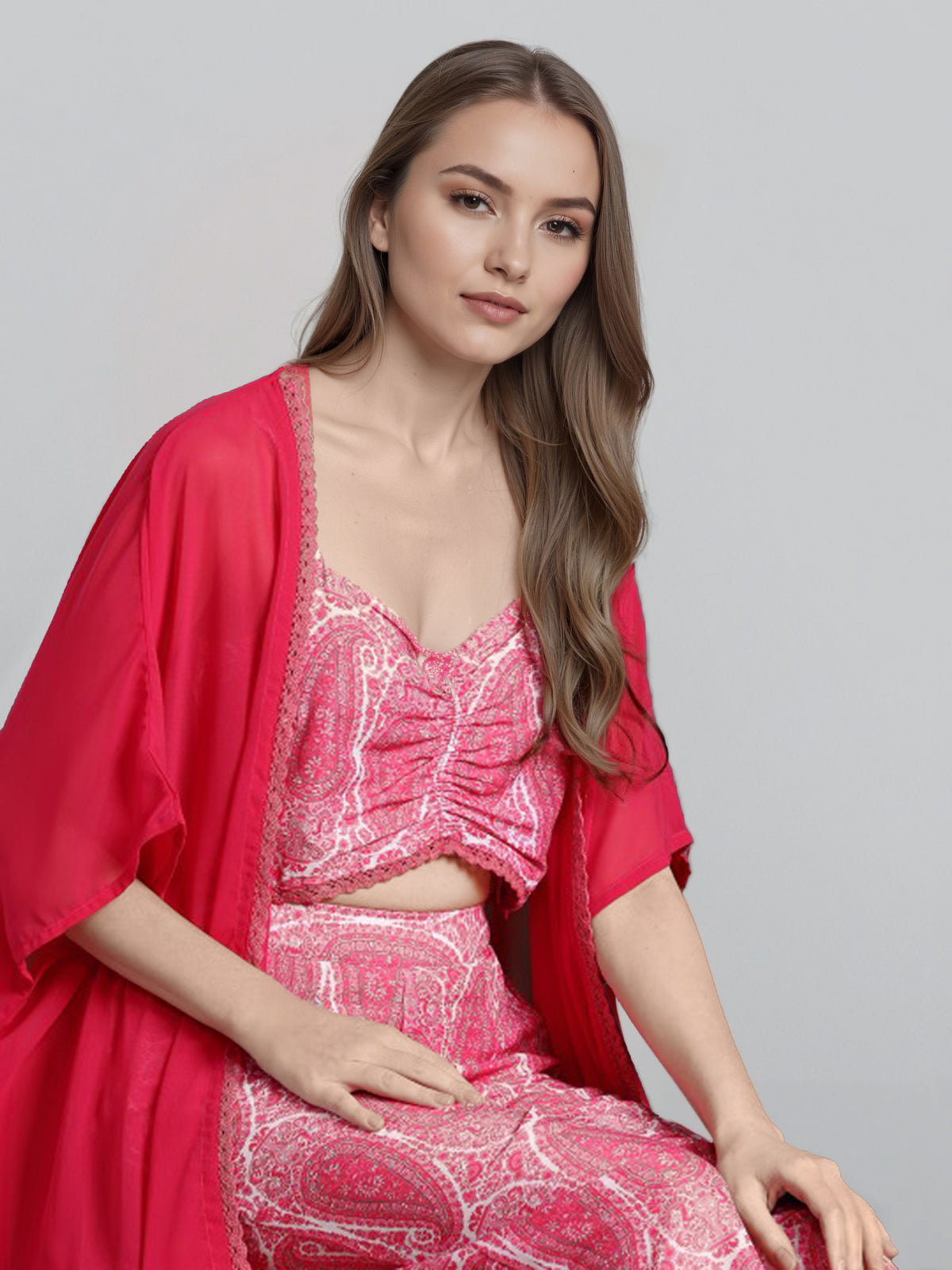 Printed Shoulder Strap Neck Top With Palazzo & Shrug