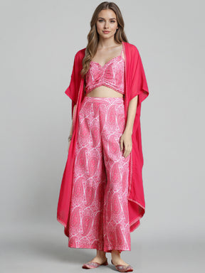 Printed Shoulder Strap Neck Top With Palazzo & Shrug
