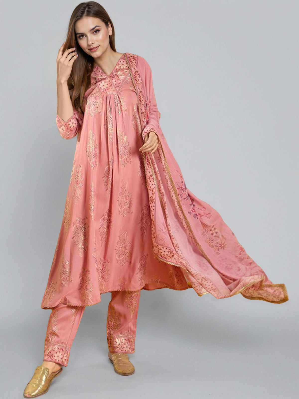 Women Ethnic Motifs Printed V-Neck Pleated A-Line Kurta With Trousers & Dupatta
