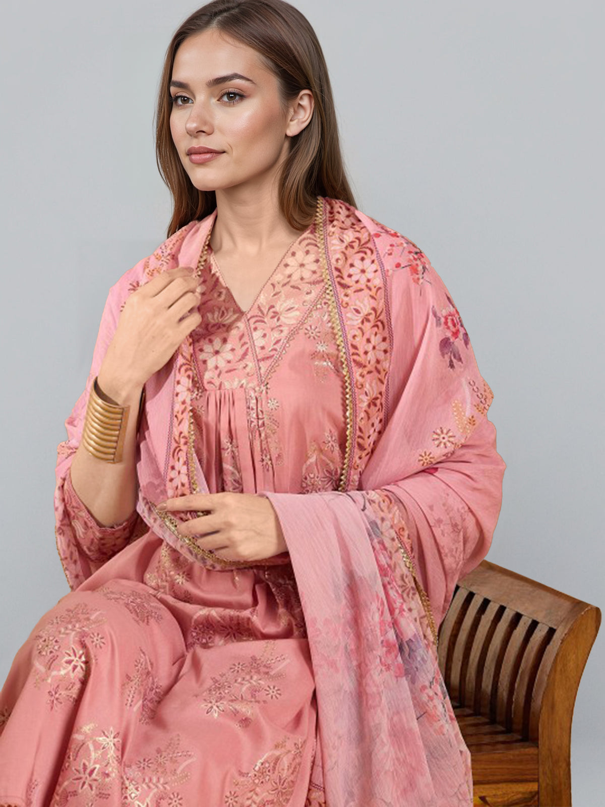 Women Ethnic Motifs Printed V-Neck Pleated A-Line Kurta With Trousers & Dupatta