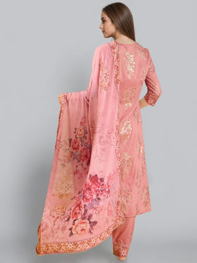 Women Ethnic Motifs Printed V-Neck Pleated A-Line Kurta With Trousers & Dupatta