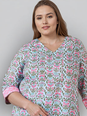 Floral Printed V-Neck Straight Kurta With Trousers