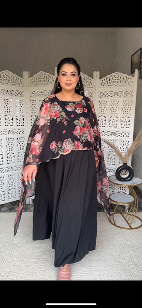 Black & Pink Plus Size Maxi Ethnic Dress with Cape