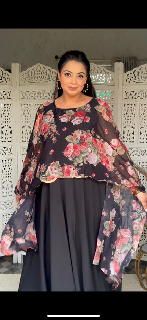 Black & Pink Plus Size Maxi Ethnic Dress with Cape