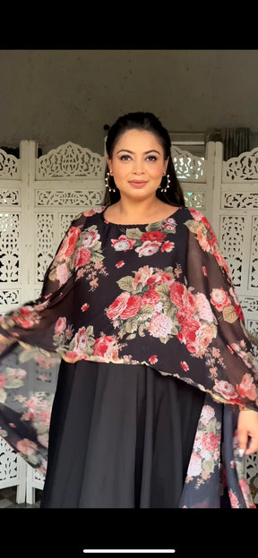 Black & Pink Plus Size Maxi Ethnic Dress with Cape