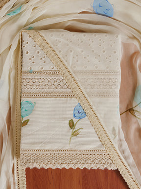 Cream White Lace Work Printed Pakistani Inspired Cotton Suit Set