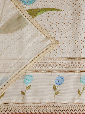 Cream White Lace Work Printed Pakistani Inspired Cotton Suit Set