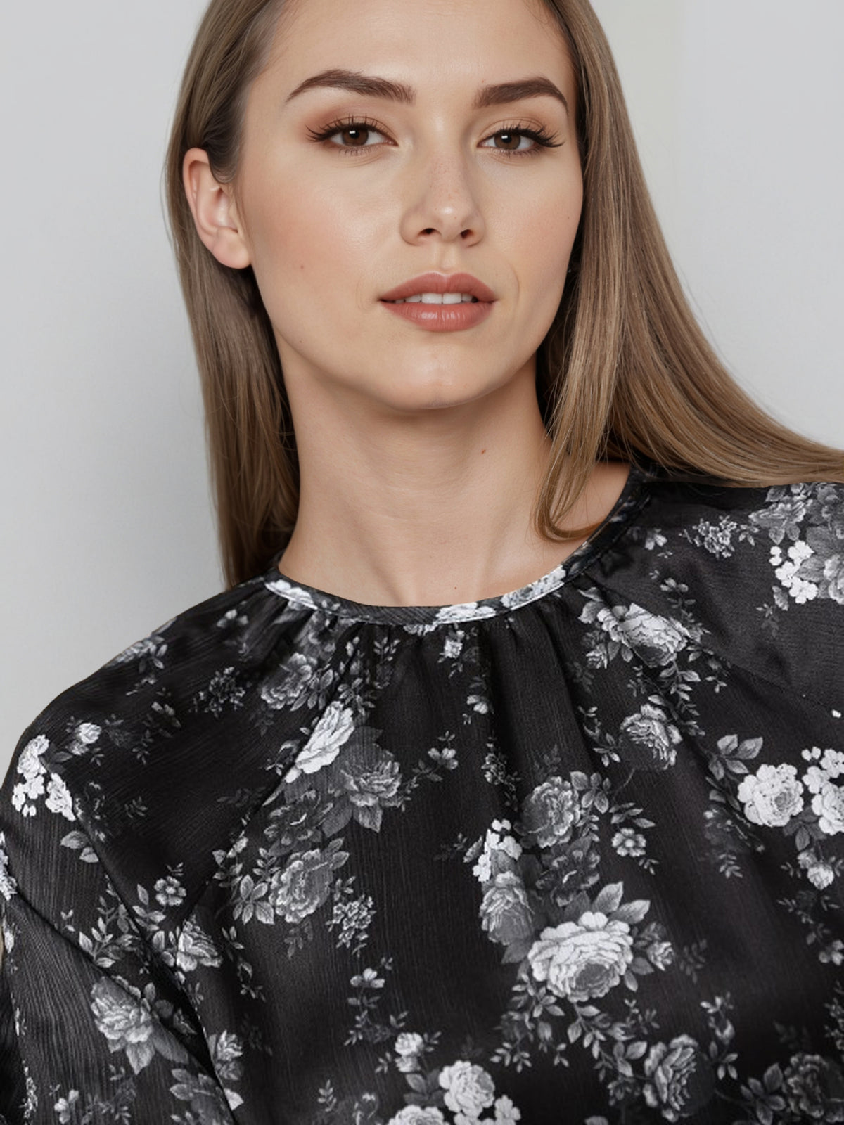 Women Floral Printed Puff Sleeve Chiffon Shirt Style Top