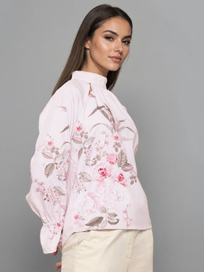 Women Floral Print Puff Sleeve Shirt Style Top
