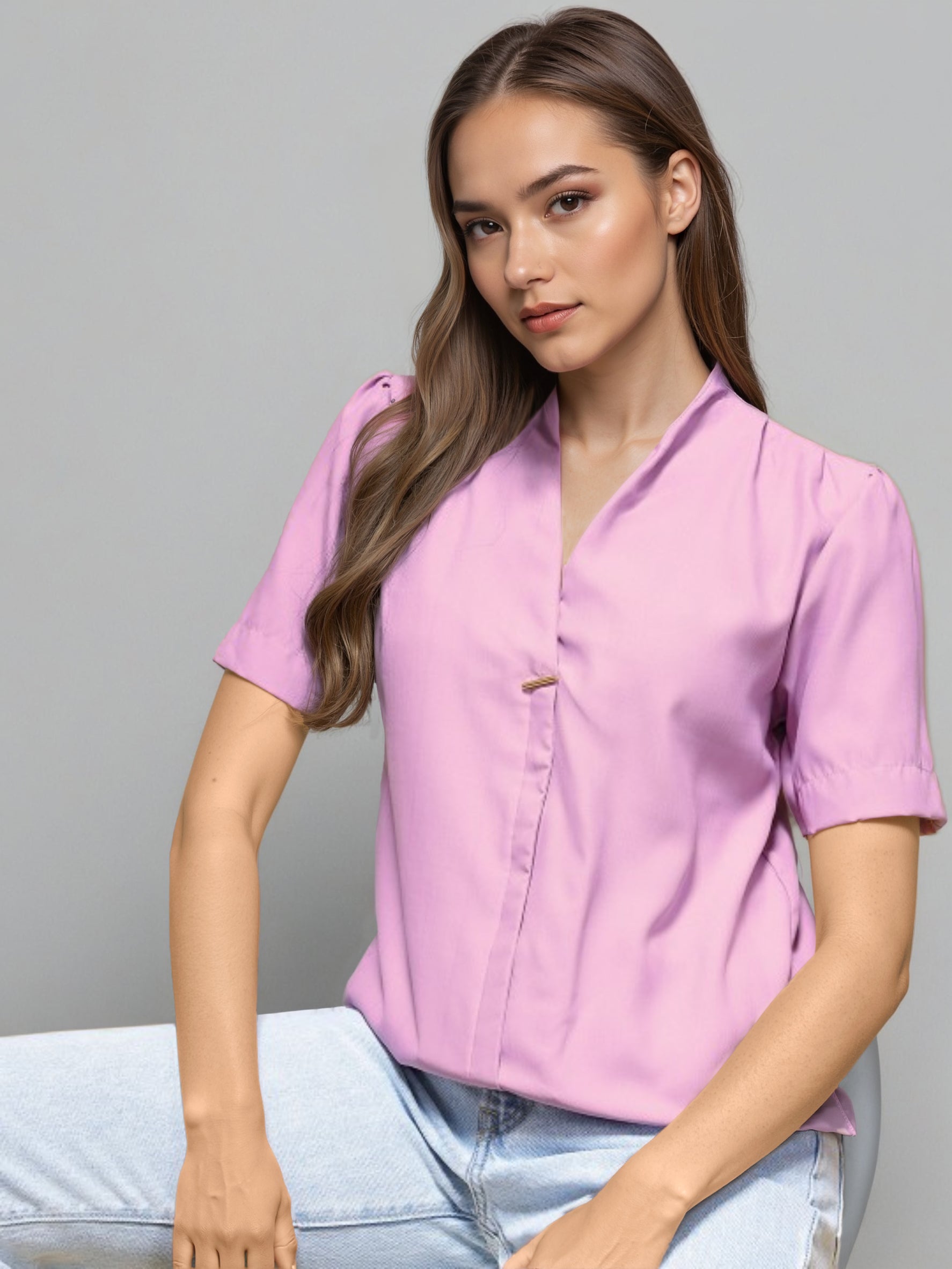 V-Neck Sheen Fusion Shirt Style Top