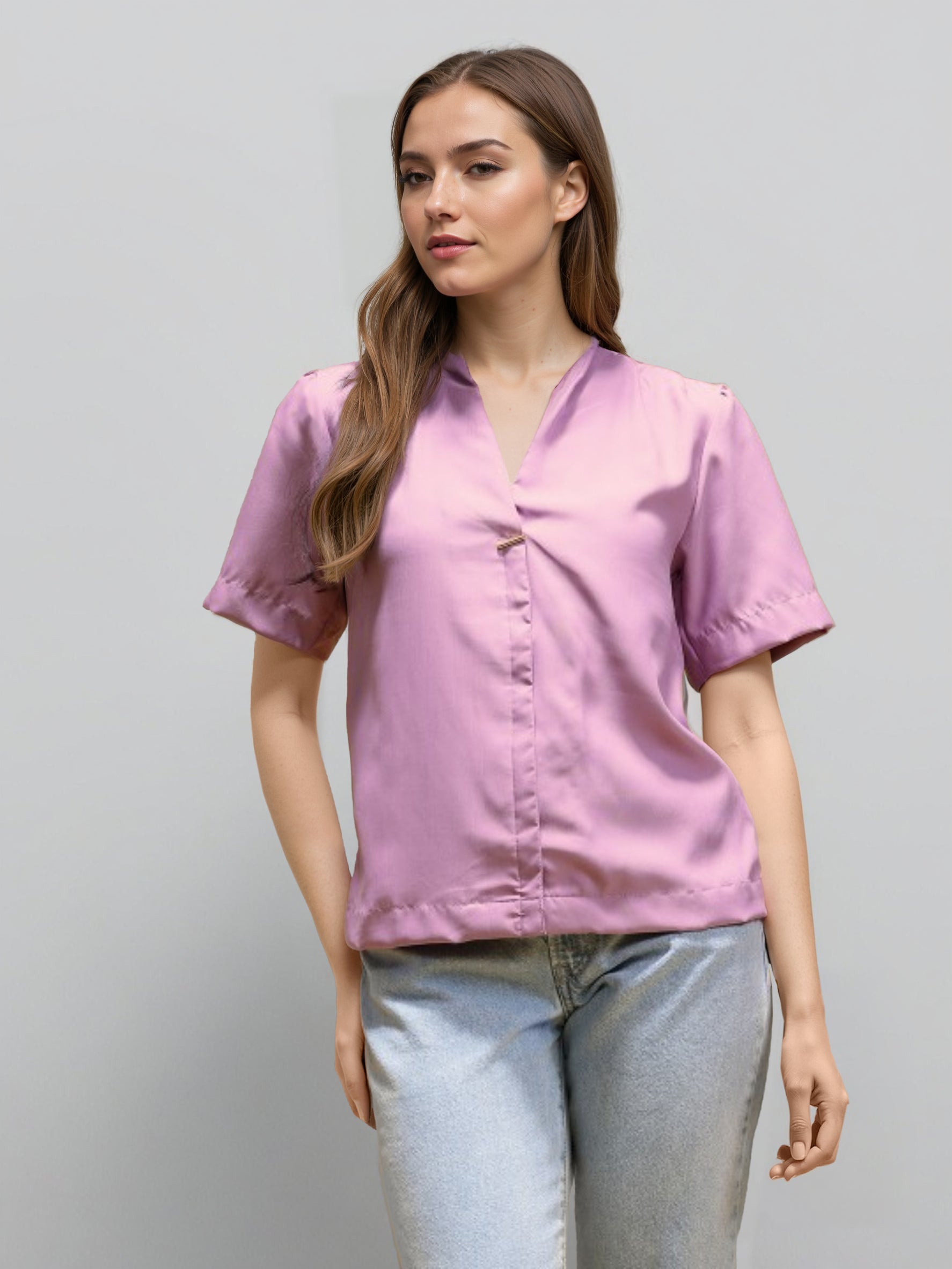 V-Neck Sheen Fusion Shirt Style Top