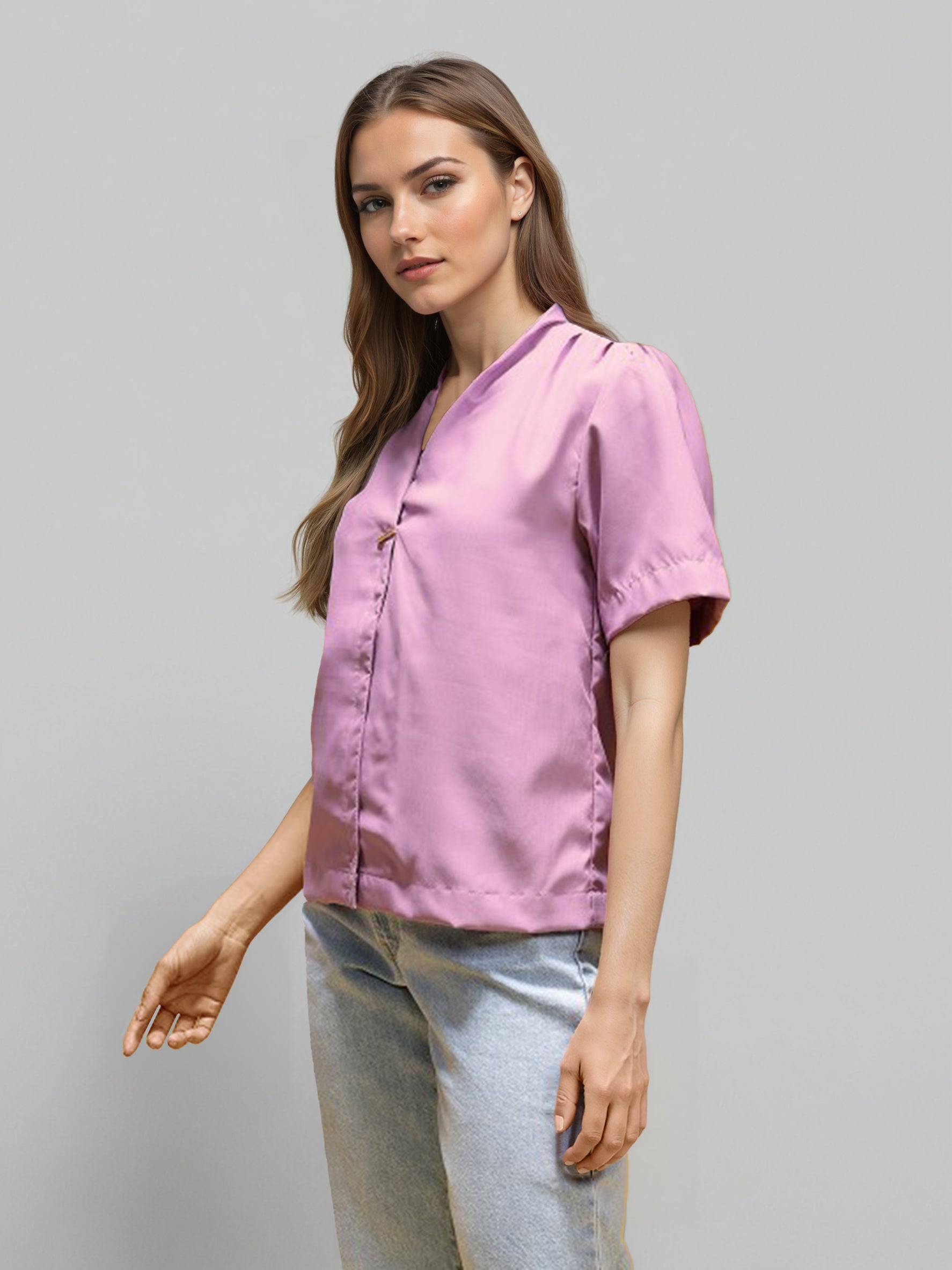 V-Neck Sheen Fusion Shirt Style Top