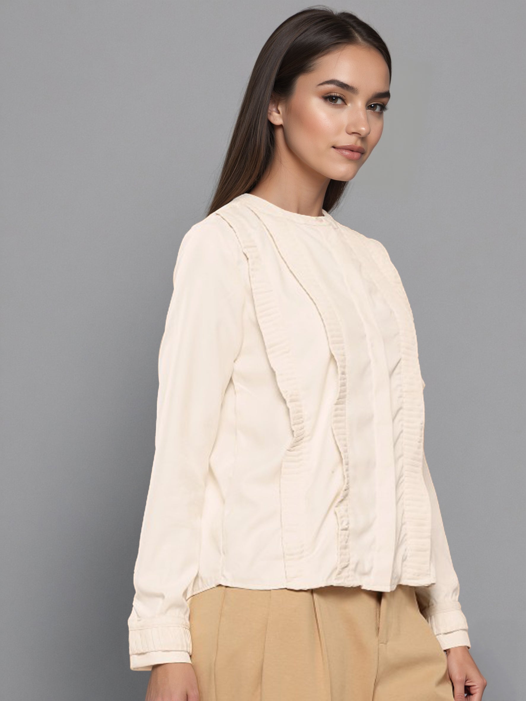 Women Round Neck Ruffles Top
