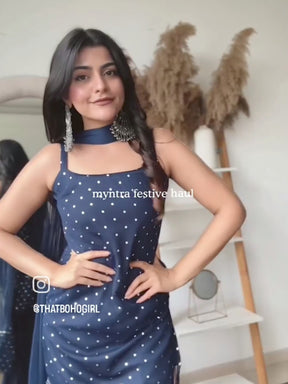 Women's Navy Blue Printed Top to Toe Printed Fusion Sharara Sets With Dupatta