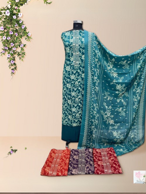 Turquoise Pashmina Embroidery Unstitched Suits