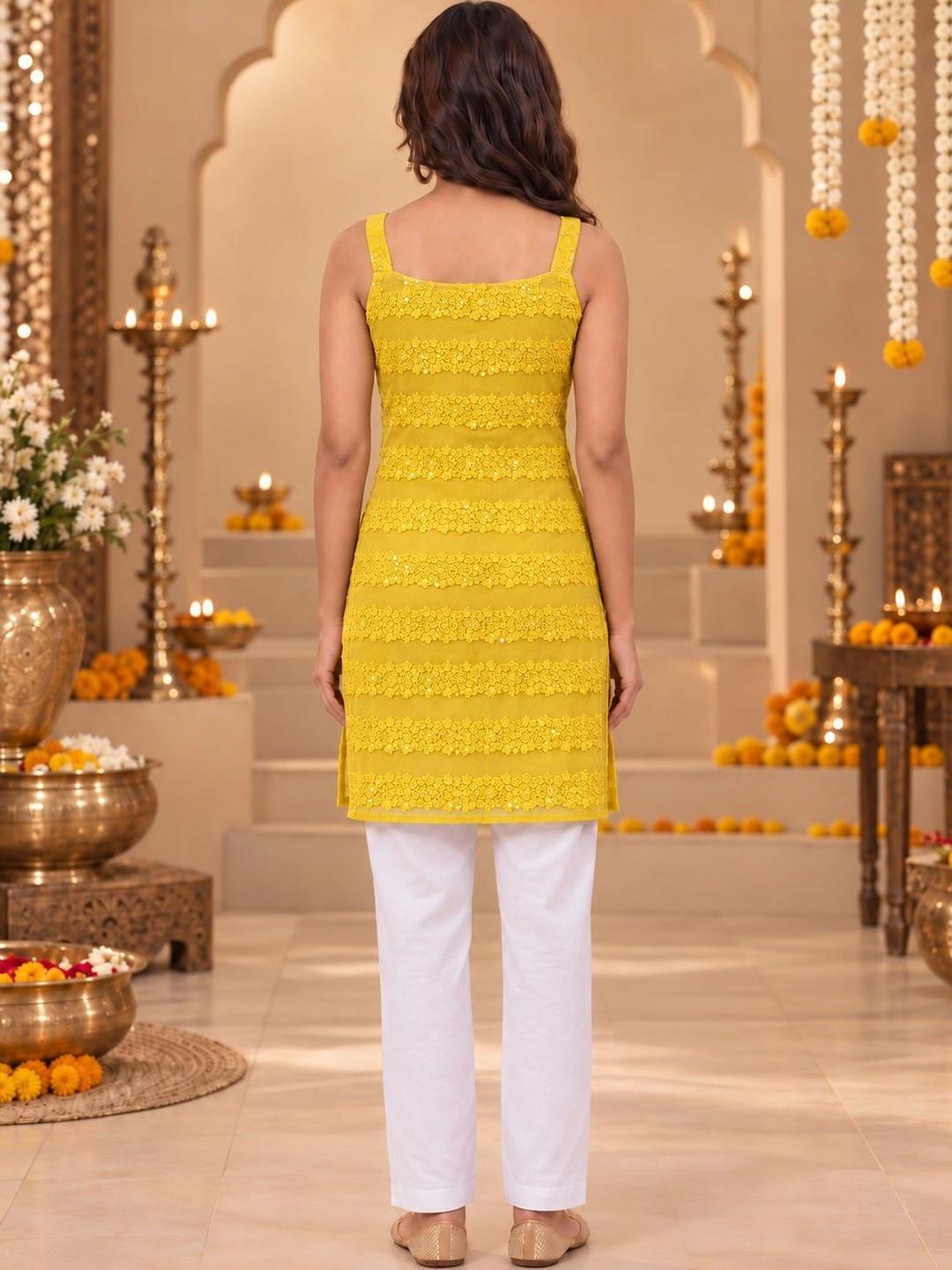 Ahalyaa Floral Embellished Square Neck Sequinned Kurti - Yellow