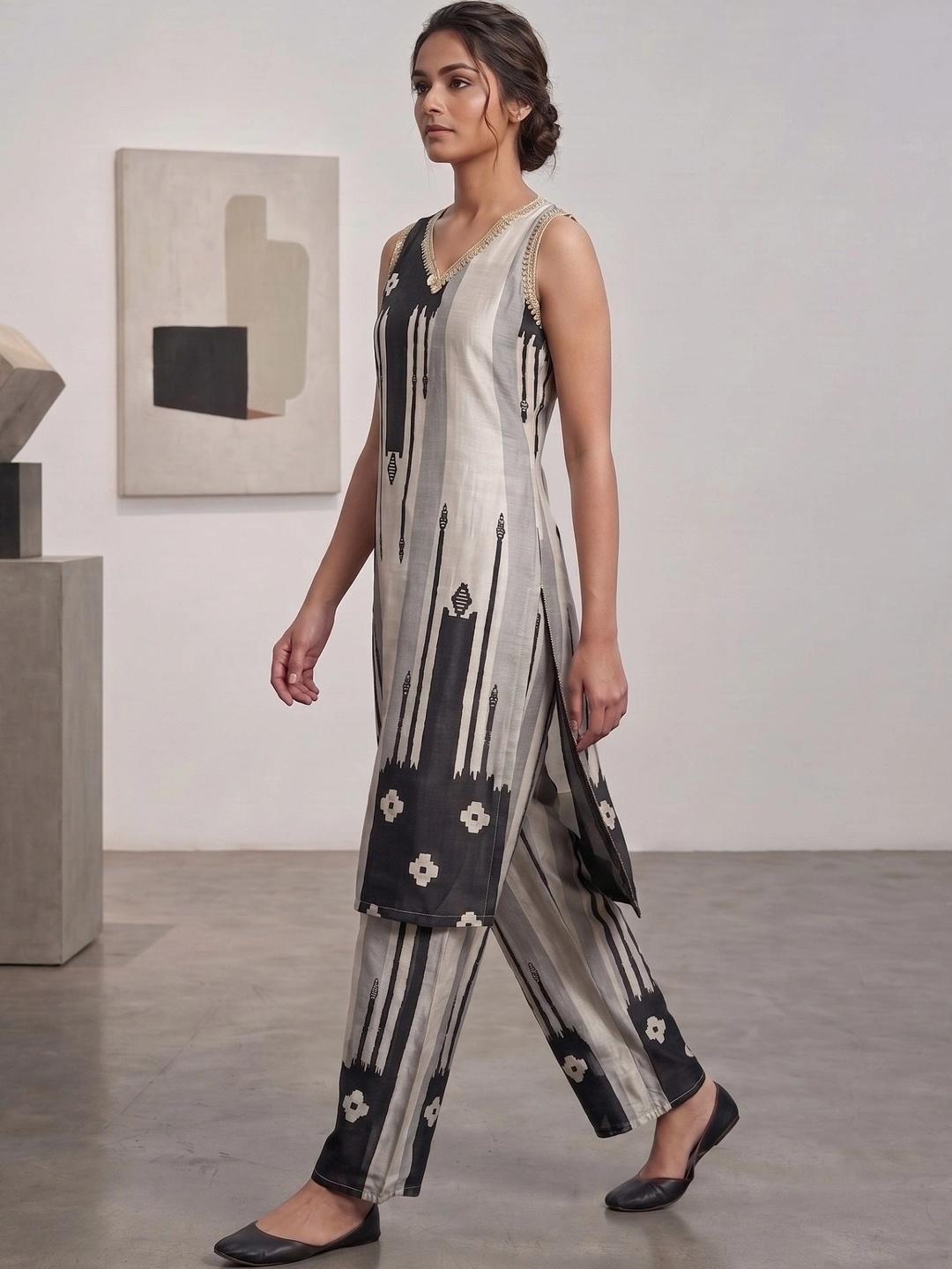 Ahalyaa Women Printed Regular Pure Silk Kurta with Palazzos & Dupatta - Off White
