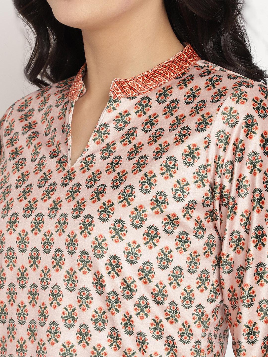 Ahalyaa Women Cream-Coloured & Black Printed Velvet Kurta with Trousers