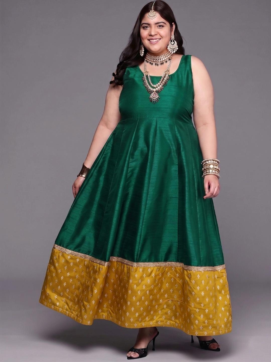 A PLUS BY AHALYAA Printed Round Neck Fit & Flared Ethnic Dresses - Green