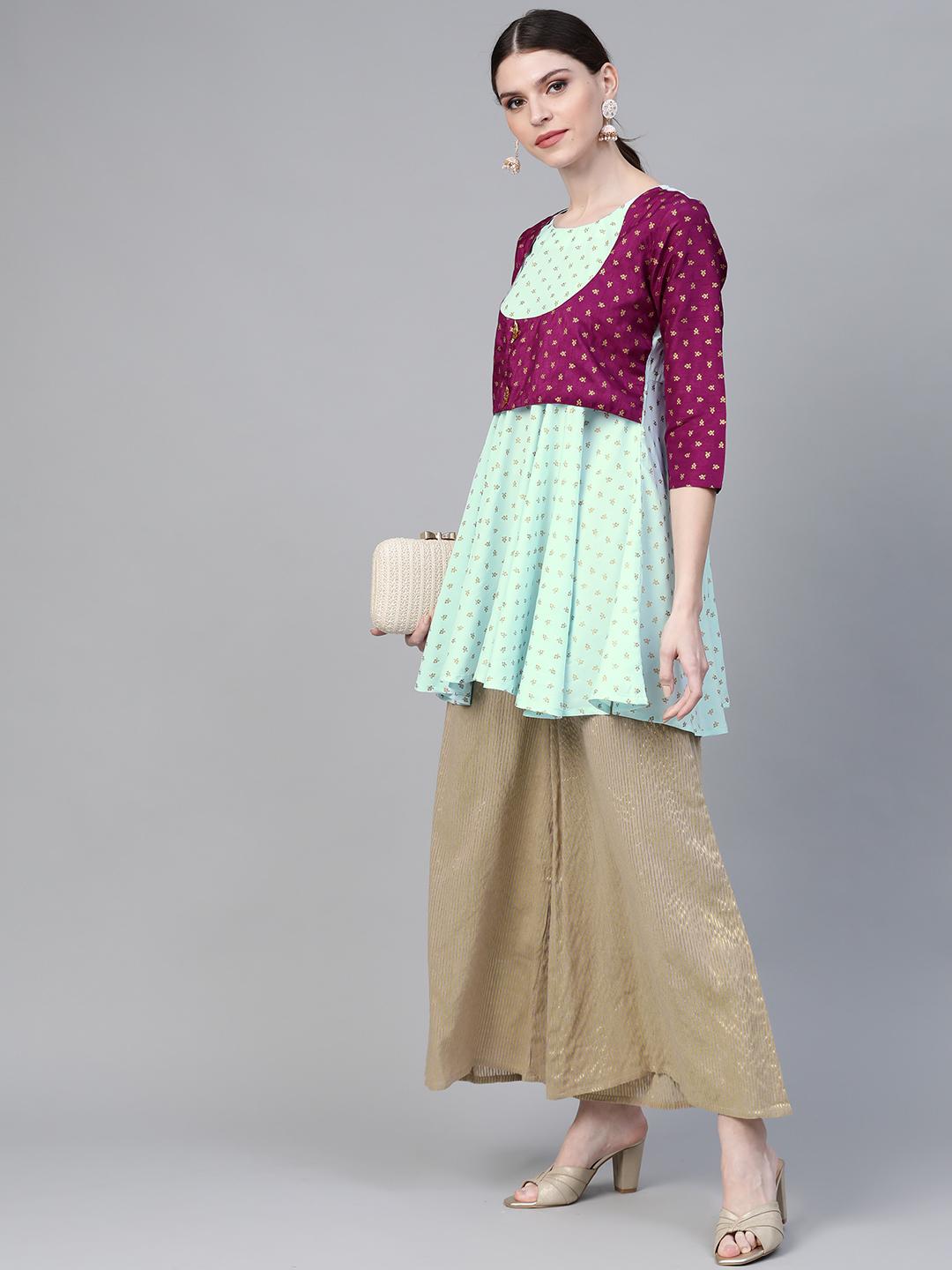 Ahalyaa Ethnic Motifs Printed Gotta Patti Pleated Kurti - Sea Green