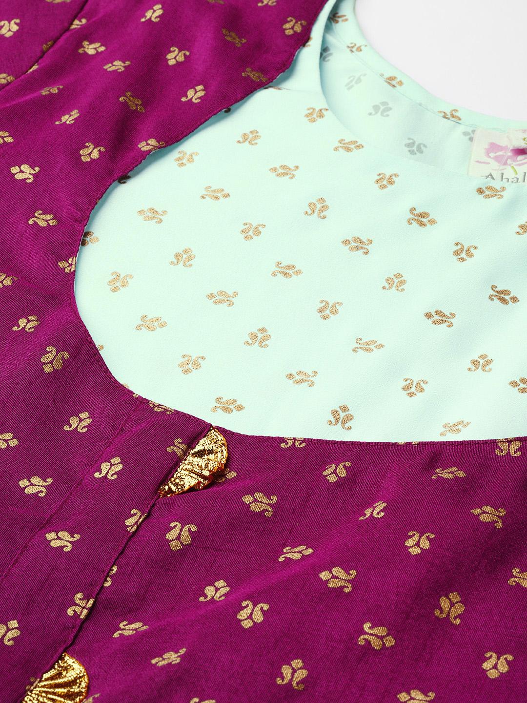 Ahalyaa Ethnic Motifs Printed Gotta Patti Pleated Kurti - Sea Green