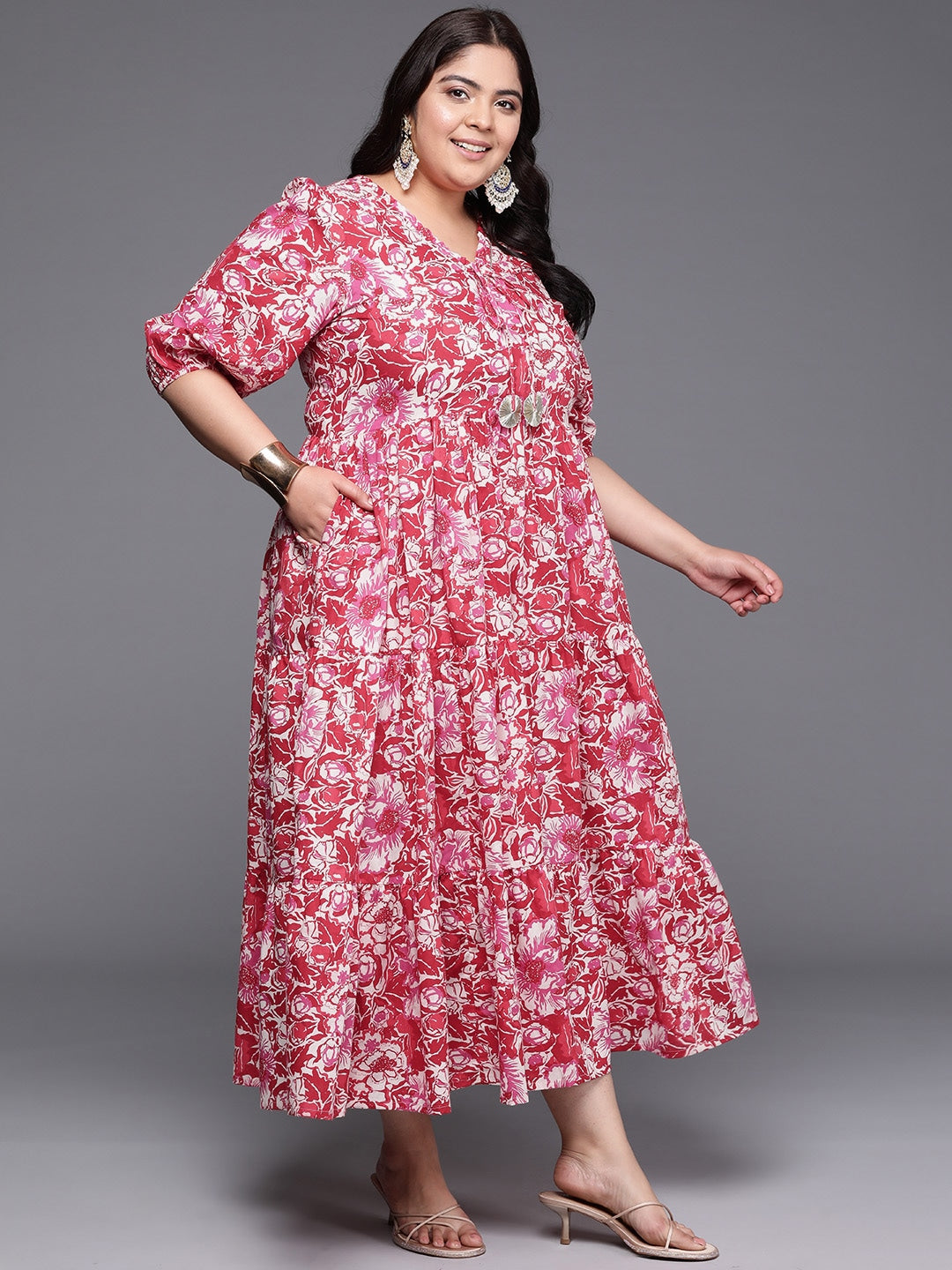 Plus Size Floral Printed Puff Sleeves Pure Cotton Maxi Ethnic Dress