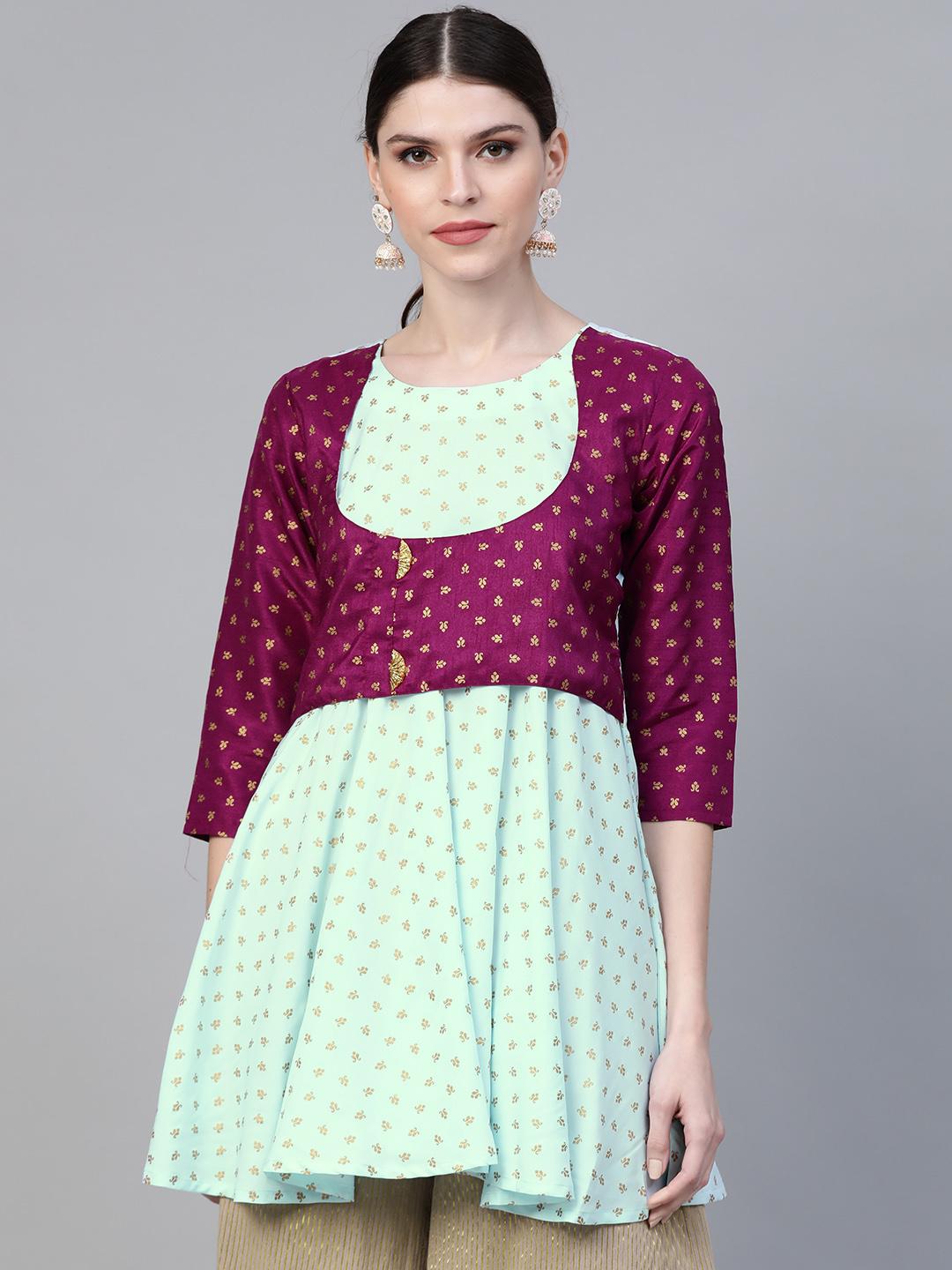 Ahalyaa Ethnic Motifs Printed Gotta Patti Pleated Kurti - Sea Green