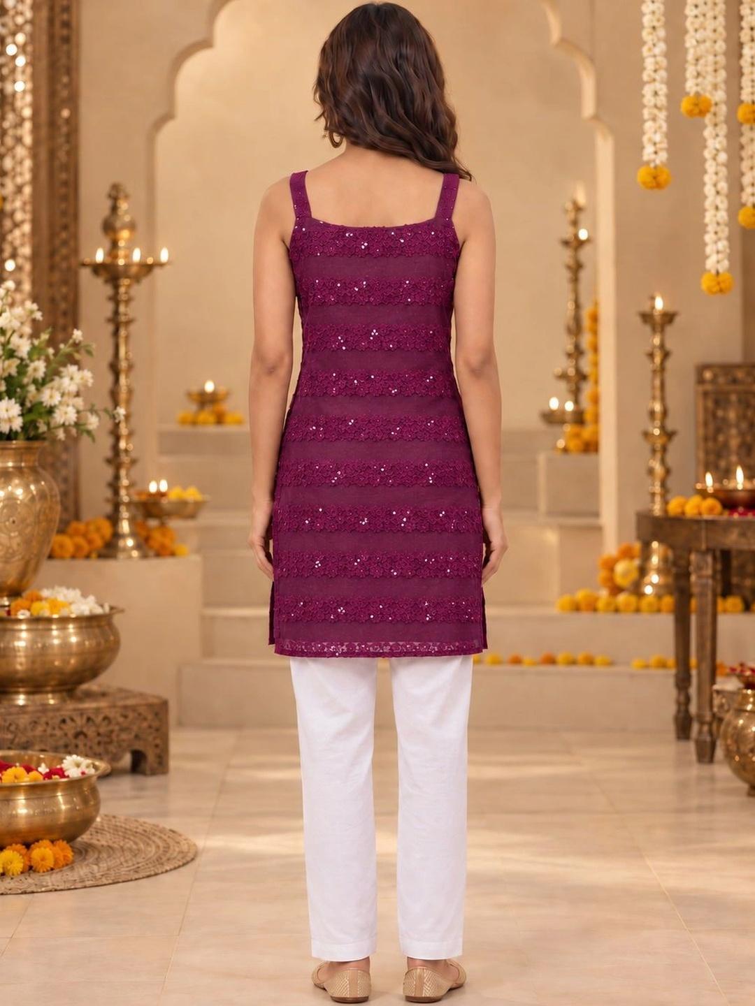 Ahalyaa Ethnic Motifs Embroidered Square Neck Sequinned Kurti - Purple