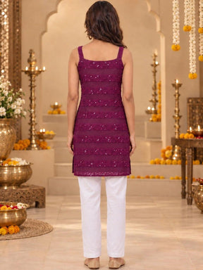 Ahalyaa Ethnic Motifs Embroidered Square Neck Sequinned Kurti - Purple