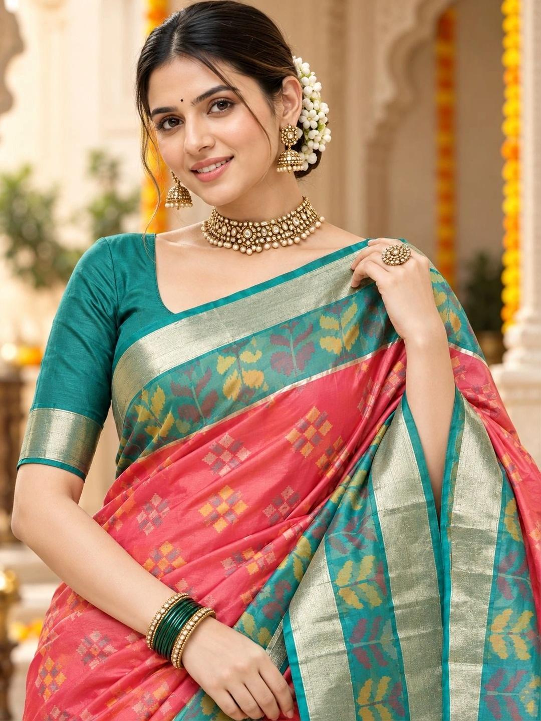 Ahalyaa Woven Design Silk Blend Pochampally Saree - Pink