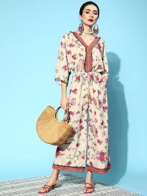 Ahalyaa Women Classy Beige Printed Cinched Waist Jumpsuit