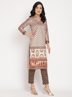 Ahalyaa Women Cream-Coloured & Black Printed Velvet Kurta with Trousers