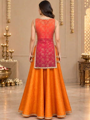 Ahalyaa Floral Woven Design Top with Skirt & Shrug - Orange