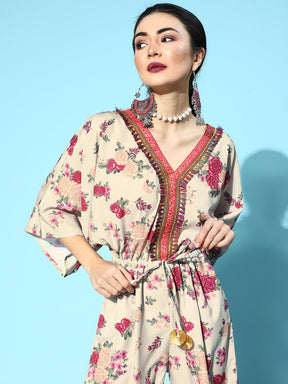 Ahalyaa Women Classy Beige Printed Cinched Waist Jumpsuit