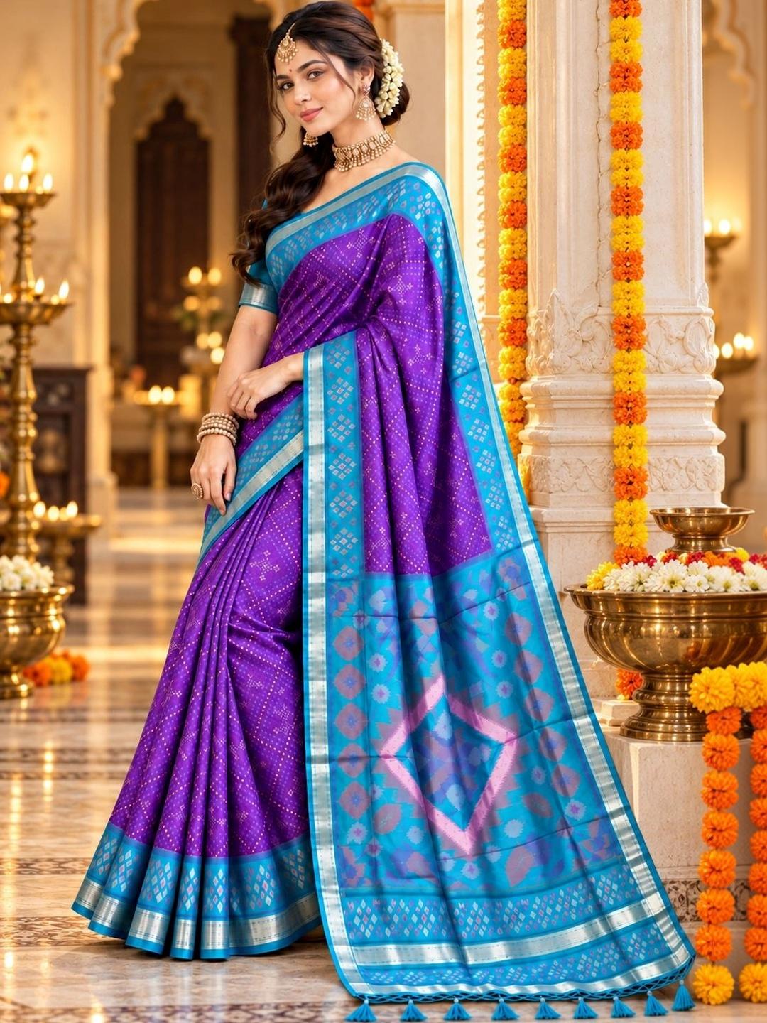 Ahalyaa Woven Design Zari Silk Blend Pochampally Saree - Purple