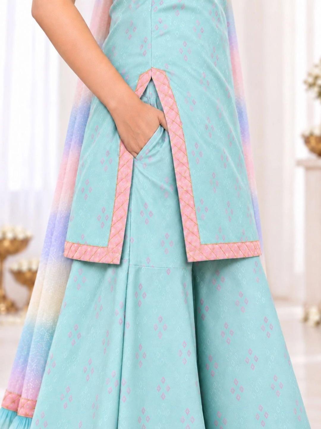 Ahalyaa Printed Kurta with Sharara & Dupatta - Sea Green