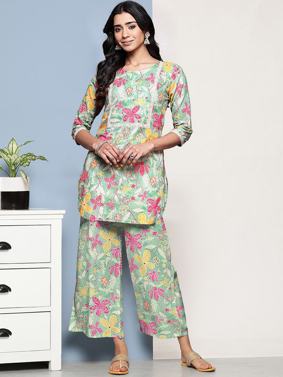 Printed Round Neck Pure Cotton Tunic With Palazzo Co-Ords