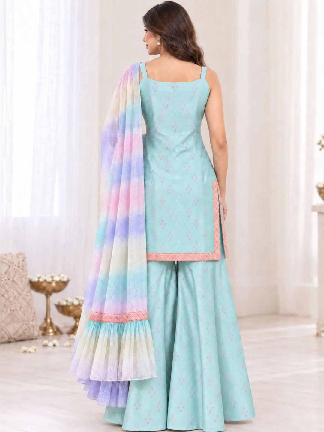 Ahalyaa Printed Kurta with Sharara & Dupatta - Sea Green