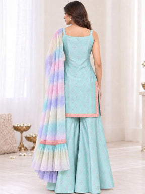 Ahalyaa Printed Kurta with Sharara & Dupatta - Sea Green