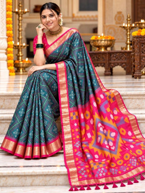 Ahalyaa Zari Silk Blend Pochampally Saree - Teal