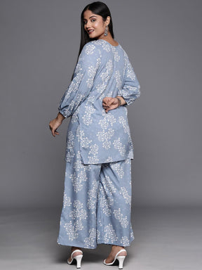A PLUS BY AHALYAA Plus Size Floral Print Zari Ethnic Tunic with Palazzos - Grey