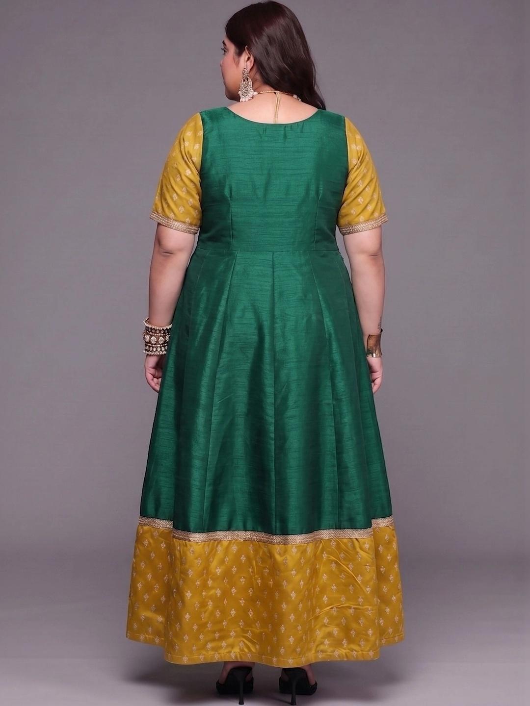 A PLUS BY AHALYAA Printed Round Neck Fit & Flared Ethnic Dress - Green