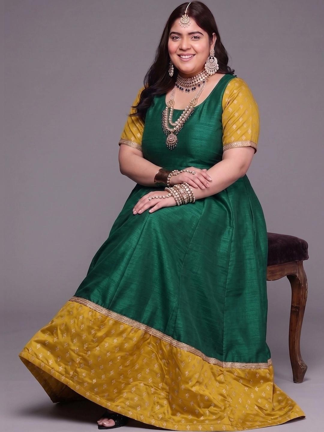 A PLUS BY AHALYAA Printed Round Neck Fit & Flared Ethnic Dress - Green