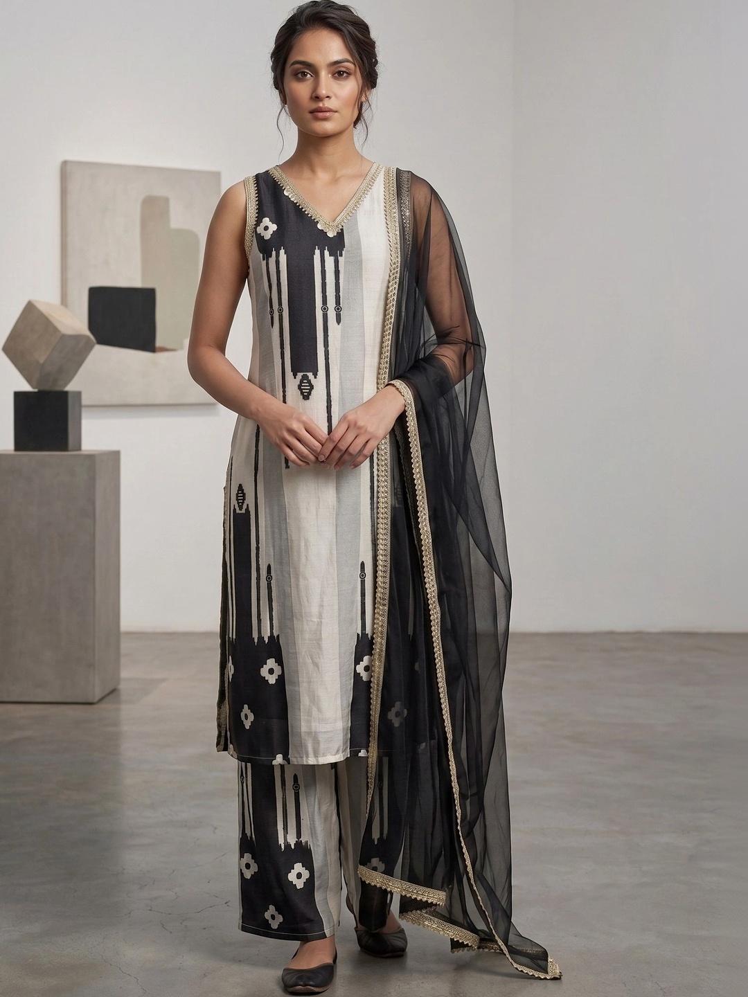 Ahalyaa Women Printed Regular Pure Silk Kurta with Palazzos & Dupatta - Off White