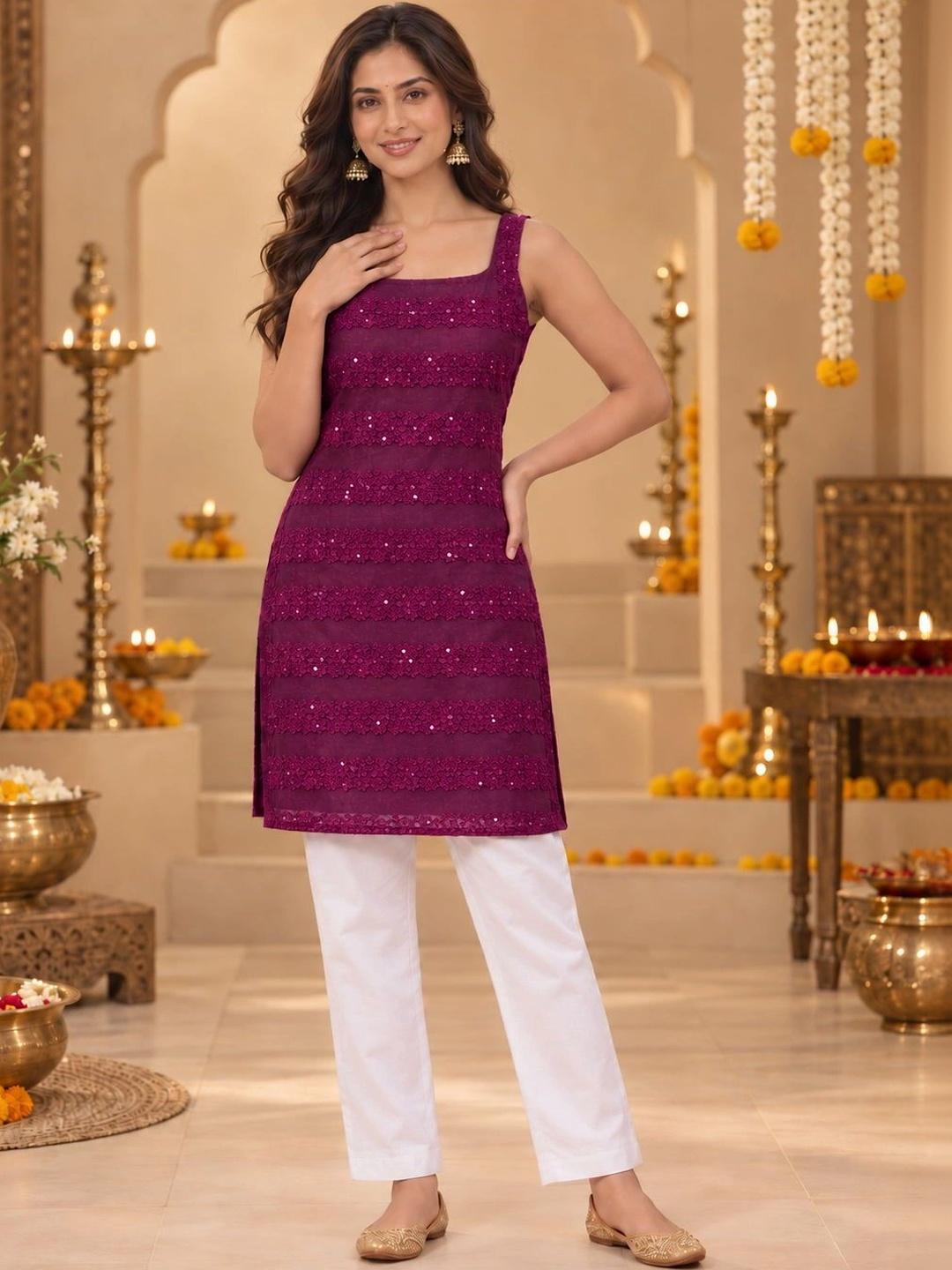 Ahalyaa Ethnic Motifs Embroidered Square Neck Sequinned Kurti - Purple - Front