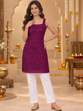 Ahalyaa Ethnic Motifs Embroidered Square Neck Sequinned Kurti - Purple - Front